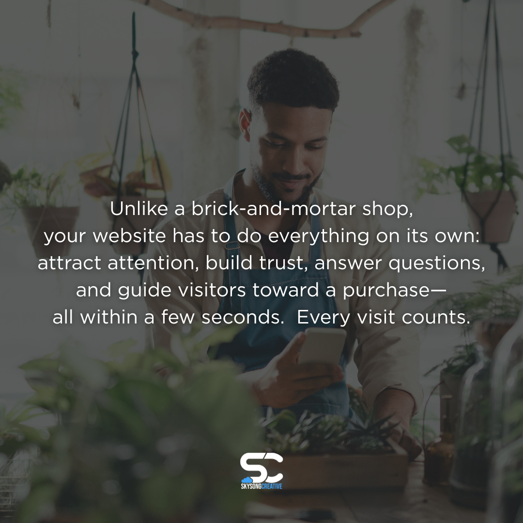 Small business owner working in his plant store. Text overlay reads: Unlike a brick-and-mortar shop, your website has to do everything on its own: attract attention, build trust, answer questions, and guide visitors toward a purchase— all within a few seconds. Every visit counts. Skysong Creative