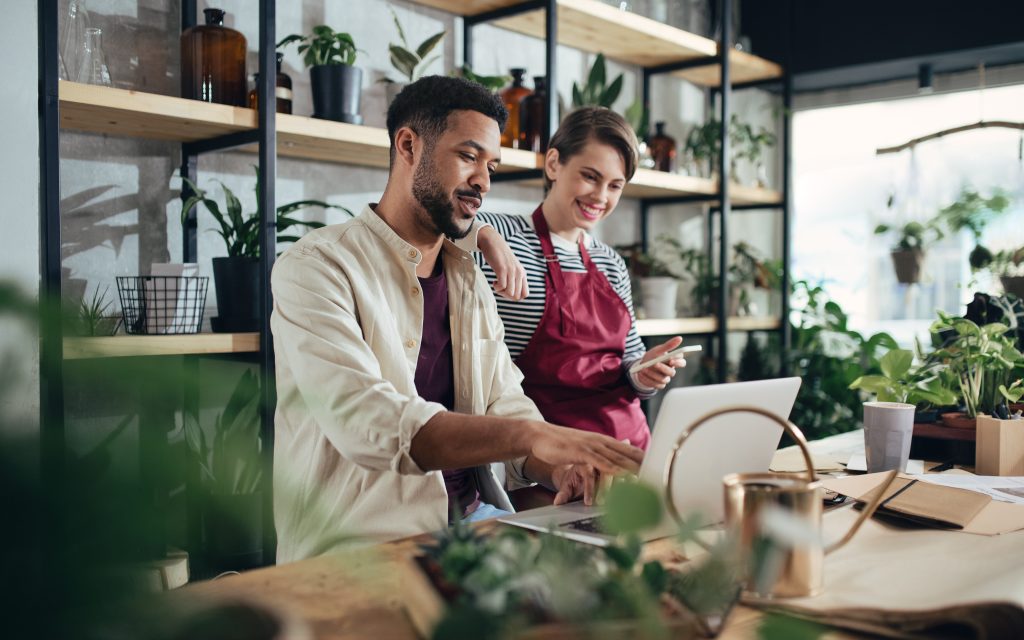 Is it time to hire a professional eCommerce Website Designer? business partners working over a computer together in their plant store